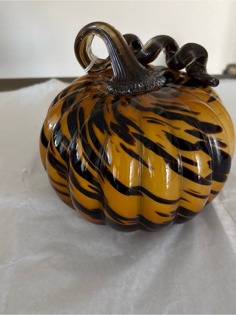 Handblown Glass Pumpkin - Amber and Black Decorative Accent